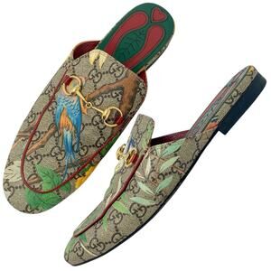 Gucci Princetown Horsebit GG Monogram Logo Tian Print Flats Slip On Loafer Mules